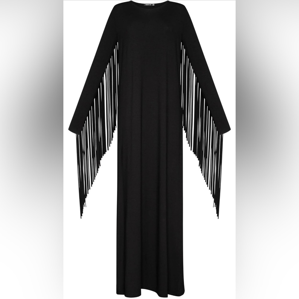 MDNT45 Size XL long fringe Halloween witch calavera Elvira goth stretch dress